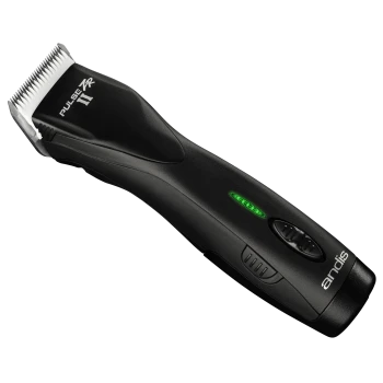 Andis Pulse ZR II kabelloser Haarscherer für Haustiere, mit einem eleganten schwarzen Design, einstellbaren Geschwindigkeitsstufen und einer grünen Batteriestandsanzeige.