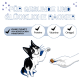 Eine verspielte schwarz-weiße Katze, die nach einem Leckerli greift, mit Text über gesunde Zutaten und ohne künstliche Farbstoffe.