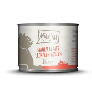 Nassfutter Katze Adult 6x200 g mit Herzen Katze-Futterdose mit einer Silhouette einer Katze, beschriftet mit 'Mjamjam Mahlzeit mit leckeren Herzen', mit einem symbol für getreidefrei.