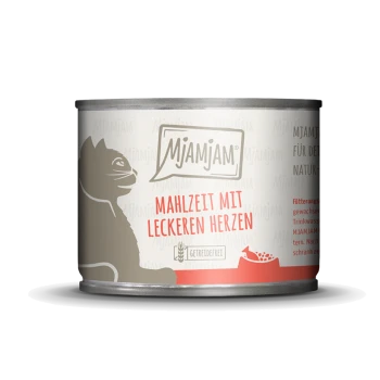 Puszka karmy dla kotów z sylwetką kota, oznaczona 'Mjamjam Mahlzeit mit leckeren Herzen', z symbolem bezzbożowym.