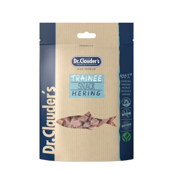 Hochwertige Verpackung für Haustiersnacks mit Dr. Clauder's Trainee Snack Hering, hergestellt aus 100% Hering, mit einer Fischgrafik und dem 'Freshlock'-Label.