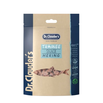 Hochwertige Verpackung für Haustiersnacks mit Dr. Clauder's Trainee Snack Hering, hergestellt aus 100% Hering, mit einer Fischgrafik und dem 'Freshlock'-Label.