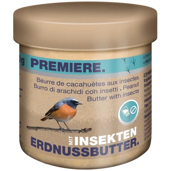 Peanut butter with insects in a jar, featuring a colorful bird on a branch and multilingual text about the product.