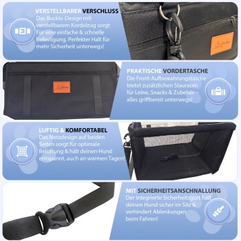 Schwarze Tragetasche für Haustiere mit Netzseiten, ausgestattet mit verstellbarem Schnallenverschluss, vorderer Aufbewahrungstasche und Sicherheitsgeschirr für Hunde.