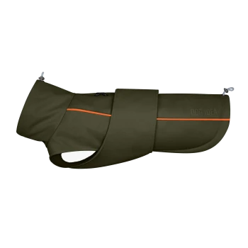 Olivgrüner Hundemantel mit einem orangefarbenen Streifen, mit verstellbaren Riemen und einem "DOG IDEA"-Logo.
