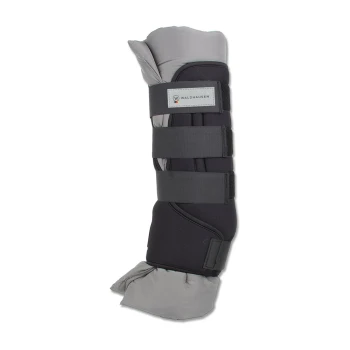 Waldhausen Stallgamaschen mit Bandagierkissen Schwarze und graue gepolsterte Pferdebeinschoner mit verstellbaren Riemen, die ein Waldhausen-Logo an der Seite haben.