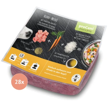 Huhn-Menü Hundefutterverpackung mit frischem Huhn, Karotten, Reis und Kräutern. Der Text hebt glutenfrei und einfache Zubereitung hervor.