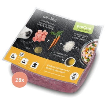 Huhn-Menü Hundefutterverpackung mit frischem Huhn, Karotten, Reis und Kräutern. Der Text hebt glutenfrei und einfache Zubereitung hervor.