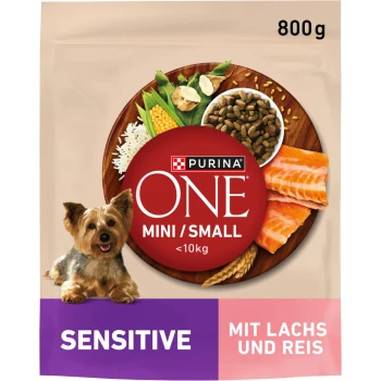 Purina ONE Mini/Small Sensitive Hundefutter, 800g-Packung mit Lachs und Reis, mit einer bunten Auswahl an Zutaten.