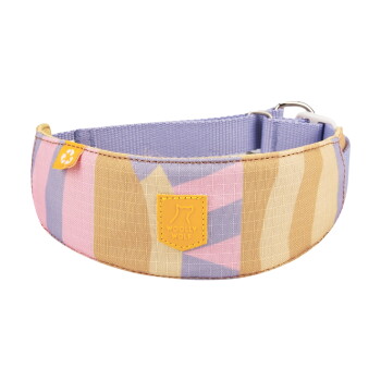 Gepolstertes Hundehalsband mit pastellfarbenen Streifen, gelbem "WOOLLY WOLF"-Logo-Patch, kleinem Anhänger und Metall-D-Ring
