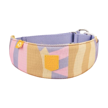Gepolstertes Hundehalsband mit pastellfarbenen Streifen, gelbem "WOOLLY WOLF"-Logo-Patch, kleinem Anhänger und Metall-D-Ring