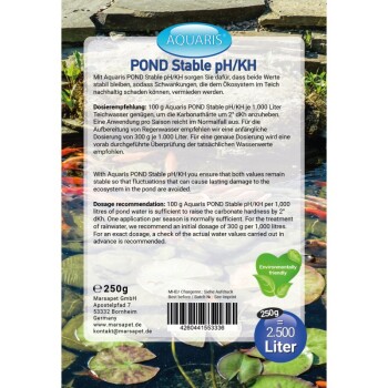 Verpackung des Aquaris POND Stabil pH/KH Produkts, mit Dosierungsempfehlungen zur Aufrechterhaltung der Stabilität von Teichwasser, 250g für 2.500 Liter.