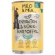 Dosen-Hundefutter 'Milo & Mia' mit einer Illustration eines schwarzen Hundes, beschriftet 'INSEKTEN & SÜSSKARTOFFEL SENSITIV' und Gesundheitsikonen.
