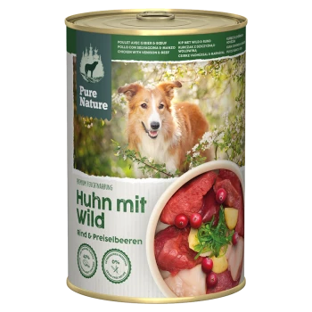 Puszka karmy dla zwierząt Pure Nature oznaczona "Huhn mit Wild Rind & Preiselbeeren" z obrazkami surowego mięsa i żurawiny.