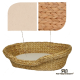 Ein geflochtenes Haustierbett mit einem weichen cremefarbenen Kissen, begleitet von Stoffmustern und geflochtenem Material, mit dem Logo "ROHRSCHNEIDER."