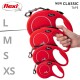 Red Flexi retractable dog leashes in four sizes (L, M, S, XS) displayed with a hand holding the medium size.