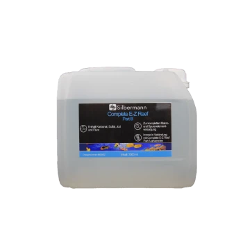 Behälter von Silbermann Complete E-Z Reef Teil B, 3000 ml, mit einem schwarzen Etikett, das Zutaten wie Carbonat, Sulfat, Jod und Fluor beschreibt.