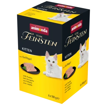 Eine gelb-schwarze Box mit Animonda Vom Feinsten Kittenfutter, mit einer weißen Katze auf der Vorderseite und dem Hinweis "mit Geflügel" und "6 x 100 g."