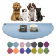 Eine Sammlung von vier Haustieren (ein Hund, eine Katze und zwei Welpen) sitzt vor zwei Haustierfutterschalen auf einer blauen Matte, mit Farbmuster darunter.