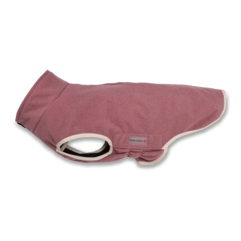 Rosa Fleece-Hundemantel mit beigem Besatz und "WOLTERS"-Etikett, entworfen für kleine Haustiere.