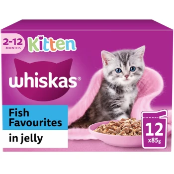 A box of Whiskas kitten food featuring a gray tabby kitten on a pink background, labeled "Fish Favourites in jelly," containing 12 x 85g servings.