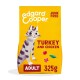 Yellow cat food bag featuring a playful illustrated cat, labeled "Turkey and Chicken," "Adult," and "325g," with "Junk Free" prominently displayed.