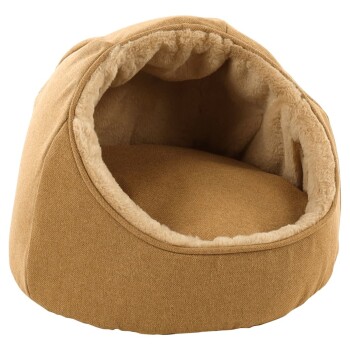 Gemütliches Haustierbett in warmem Beige, mit einem weichen, plüschigen Innenraum und einem höhlenartigen Design für zusätzlichen Komfort.