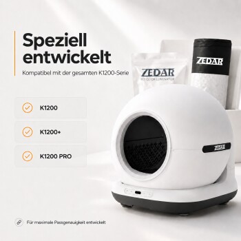 Weißes kugelförmiges ZEDAR-Tiergehäuse mit schwarzem Innenraum, sichtbarer Text „Speziell entwickelt“ und „K1200 K1200+ K1200 PRO“