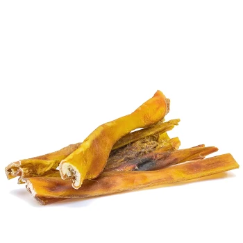 Ein Haufen Hundekauartikel aus natürlichen Zutaten, mit verschiedenen Formen und Texturen, auf einem weißen Hintergrund.