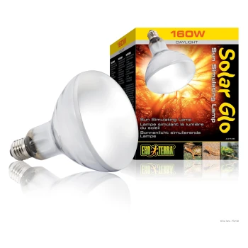 Solar Glo 160 W Solar Glo 160W Sonnen-Simulationslampe mit einer reflektierenden Glühbirne, neben ihrer bunten Verpackung mit Reptilien und Produktdetails präsentiert.