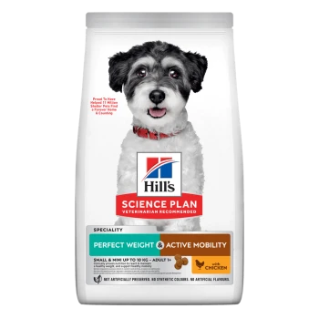 Hill's Science Plan Hundefuttertüte mit weißem Hund; „Perfect Weight & Active Mobility“ Small & Mini, mit Huhn.