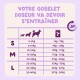 Tableau d'alimentation intitulé 'VOTRE GOBELET DOSEUR VA DEVOIR S'ENTRAÎNER' montrant des plages de poids de chiens S/M/L et des portions en grammes, icône 24h.