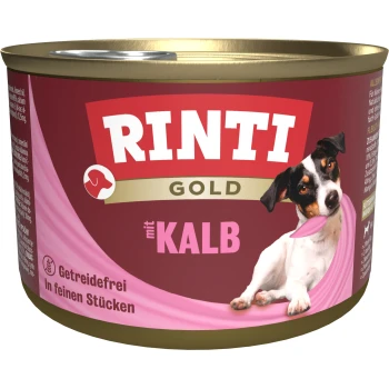 Gold Adult Kalb 12x185 g Rinti Gold Hundefutterdose mit einem verspielten Hund mit einer rosa Zunge, gekennzeichnet 'mit Kalb', getreidefrei, in feinen Stücken.