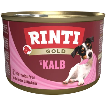 Rinti Gold Hundefutterdose mit einem verspielten Hund mit einer rosa Zunge, gekennzeichnet 'mit Kalb', getreidefrei, in feinen Stücken.