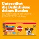 Verpackung von Pedigree-Hundefutter mit einem glücklichen Hund, mit deutschem Text, der die Unterstützung für die Bedürfnisse von Hunden und die Produktvielfalt bewirbt: 40 Portionen.
