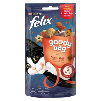 Felix Goody Bag cat treats with a playful black and white cat, labeled "Mixed Grill" with beef, chicken, and salmon flavors.