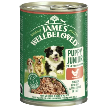 Dose James Wellbeloved Puppy Junior Nassfutter für Hunde, Huhn mit Reis & Gemüse, hypoallergen.