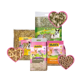 MultiFit Haustierbettwäsche-Kollektion mit Kräutergartenmischung, Hanfbettwäsche und Holzstreu, präsentiert mit Herzgrafiken.