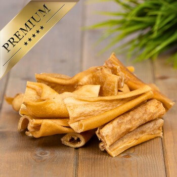 Ein Haufen hochwertiger Hundekauartikel auf einer Holzoberfläche, mit einer grünen Pflanze im Hintergrund und einem 'PREMIUM'-Label in der Ecke.