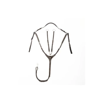 Schwarzes verstellbares Haustiergeschirr mit mehreren Riemen und Metallringen, flach auf einem weißen Hintergrund ausgelegt.