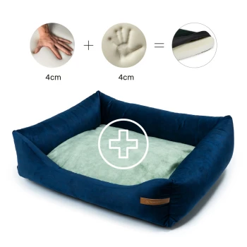 Ein plüschiges marineblaues Haustierbett mit einem weichen grünen Zentrum, mit einem Hand- und Pfotenabdruck-Design, das Komfortschichten von jeweils 4 cm anzeigt.