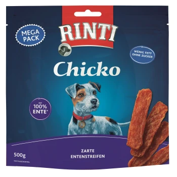 Rinti Chicko Hundeleckerlis Verpackung mit blauem Hintergrund, einer Hundillustration und dem Text 'Zarte Entenstreifen' und '500g.'