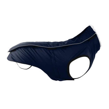 Navyblauer Hundemantel mit einem weichen, flauschigen Kragen und einem Reißverschluss auf der Rückseite, entworfen für Wärme und Komfort.