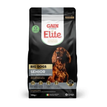 Gain Elite Complete Dog Nutrition, Senior formula for big dogs over 20kg, featuring a brown dog on the bag, 12kg, chicken & rice.