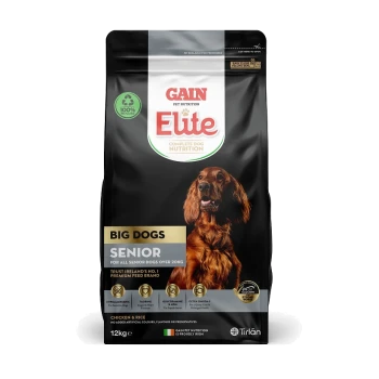 Gain Elite Complete Dog Nutrition, Senior formula for big dogs over 20kg, featuring a brown dog on the bag, 12kg, chicken & rice.