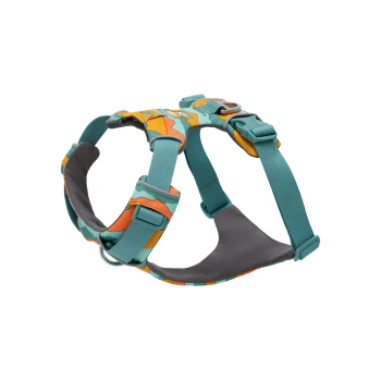 Bunte Hundegeschirr mit einem türkis, orange und grauen Design, mit verstellbaren Riemen und einem Metall-D-Ring zur Leinenbefestigung.