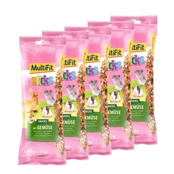 Opakowanie przekąsek MultiFit sticks dla małych zwierząt, z obrazkami królika, szynszyla i świnki morskiej, z napisem 'Snacks mit Gemüse'.