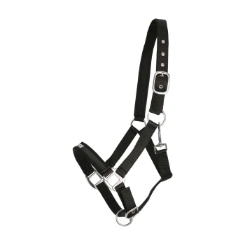 Schwarzes verstellbares Haustiergeschirr mit Metall-Schnallen und D-Ringen zur Leinenbefestigung, entworfen für Komfort und Kontrolle.