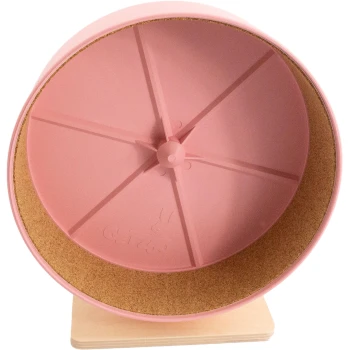 Ein pinkfarbener Trainingsrad für kleine Haustiere, mit einem Kork-Innenraum und einem Holzsockel, entworfen für sichere und unterhaltsame Aktivitäten.