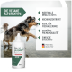 Ein Hund, der in der Nähe von Wasser läuft, mit einer Flasche REAVET Algenöl im Vordergrund, mit Text, der die Vorteile seiner veganen Alternative hervorhebt.